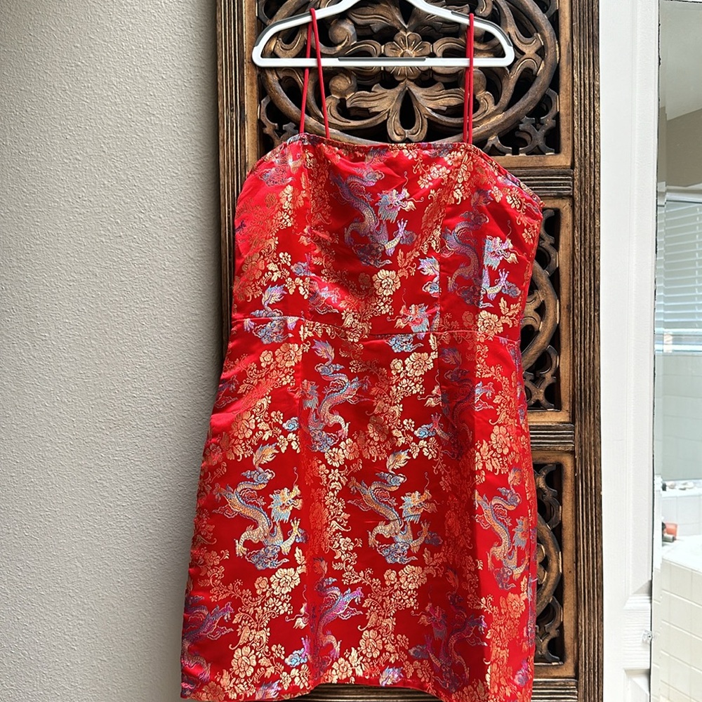 Satin Dragon Dress Straps Mini Red Gold Blue
